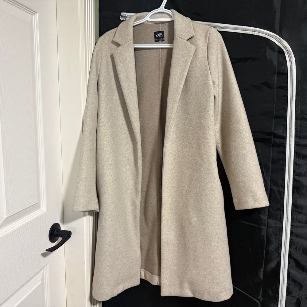 Zara Beige Open-Front Wool Blend Coat